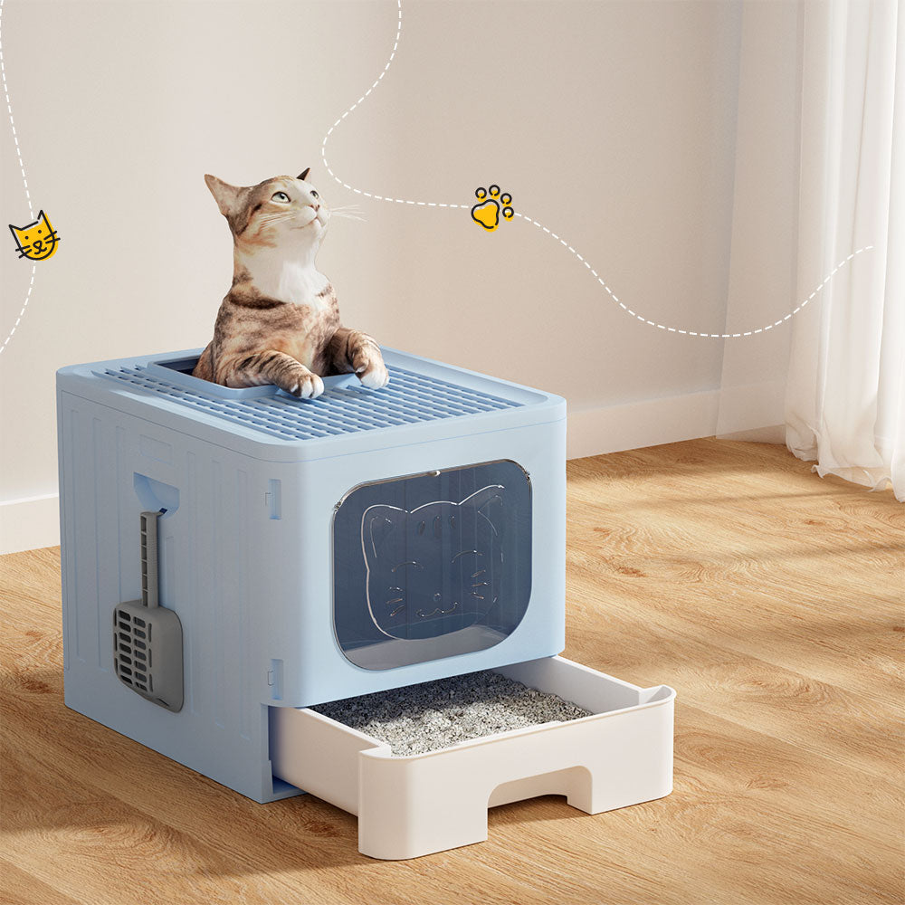 i.Pet Cat Litter Box Large Tray Kitty Toilet Enclosed Hooded Foldable Cat Litter Box Scoop Blue