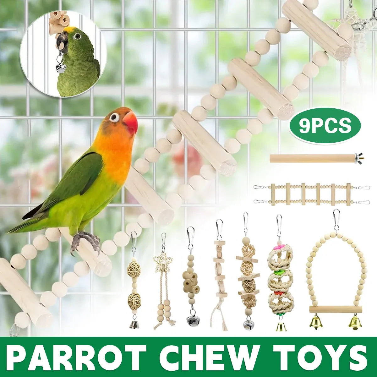 Bird Chew Toys Wooden Color 9-Piece Set Swing Hanging Bridge for Parrots AUS