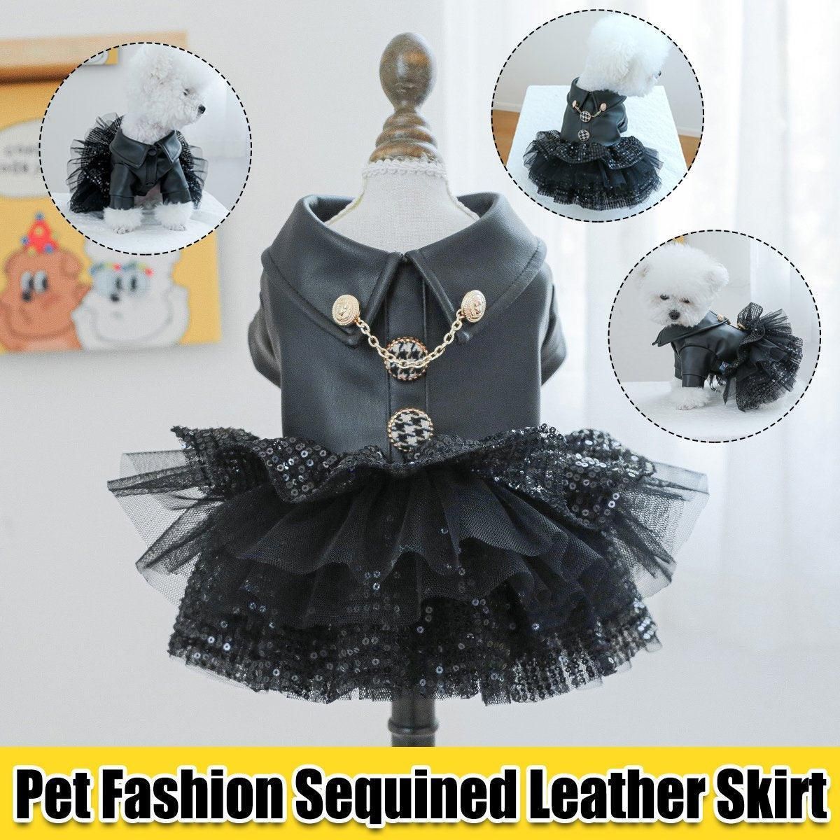 Autumn Winter Pet Dog Cat Dress Faux Leather Sequin Skirt Outfit for Small Dogs - L
