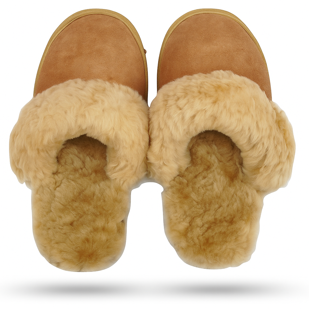 Sheepskin Wool Womens Slippers Scuffs Slip On Winter Ugg Slippers in Chestnut - 6