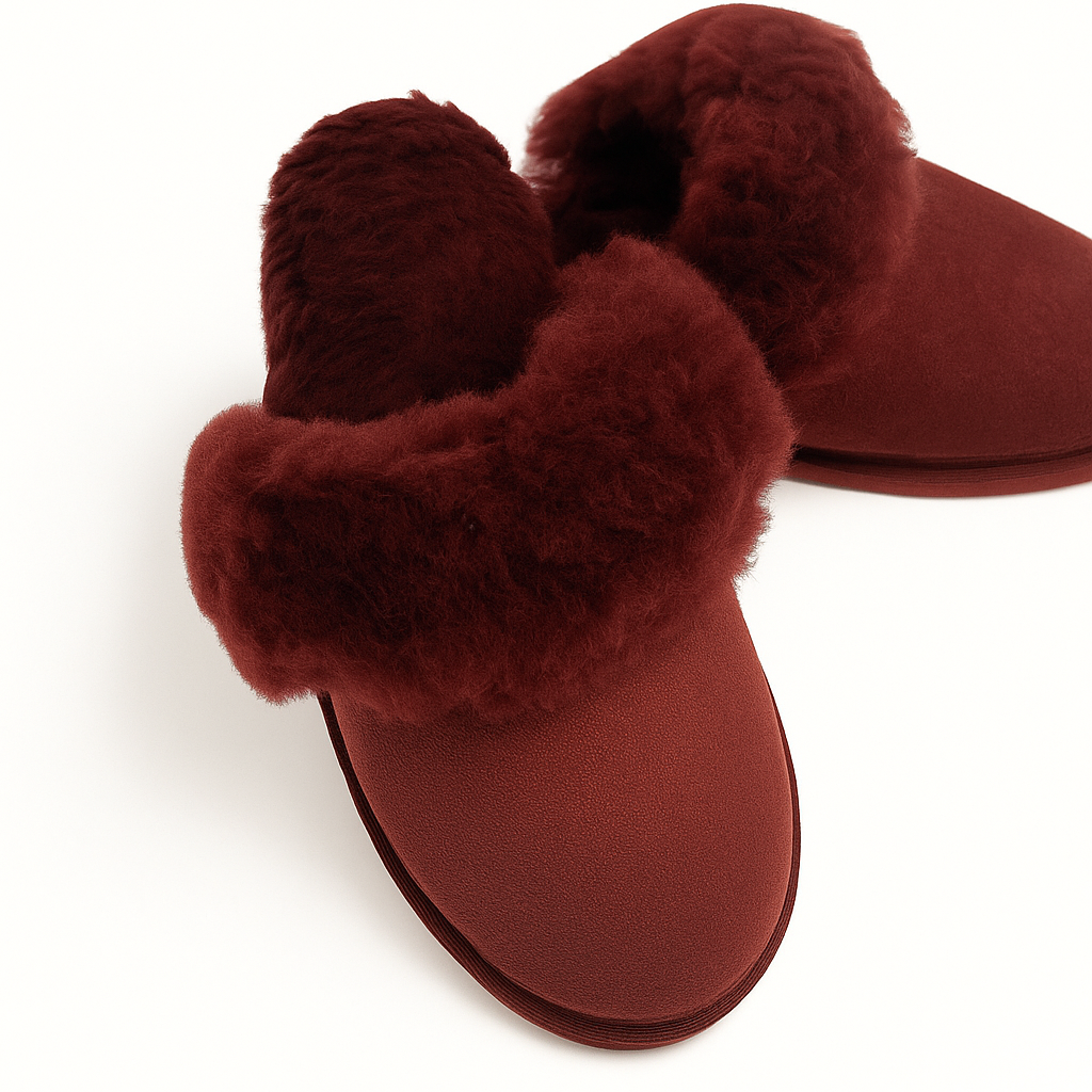 Sheepskin Wool Womens Slippers Scuffs Slip On Winter Ugg Slippers in Burgundy/Red - 6