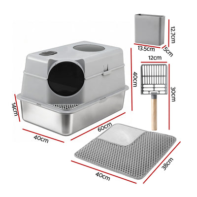 i.Pet Cat Litter Box Large Stainless Steel High Sided Pet Toilet Odour Control