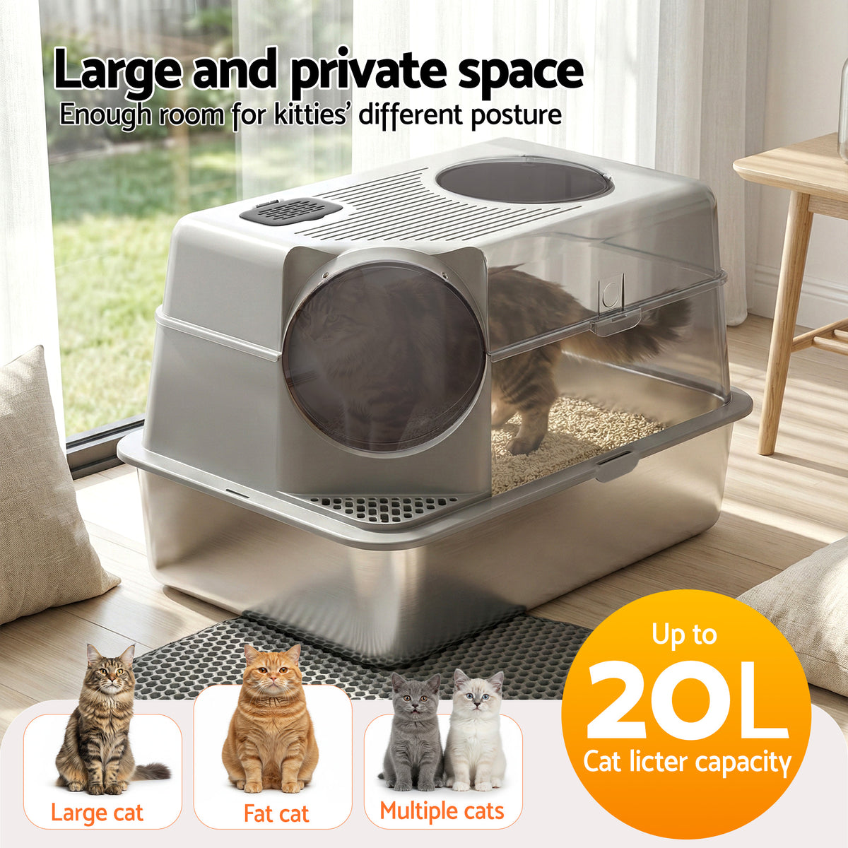i.Pet Cat Litter Box Large Stainless Steel High Sided Pet Toilet Odour Control