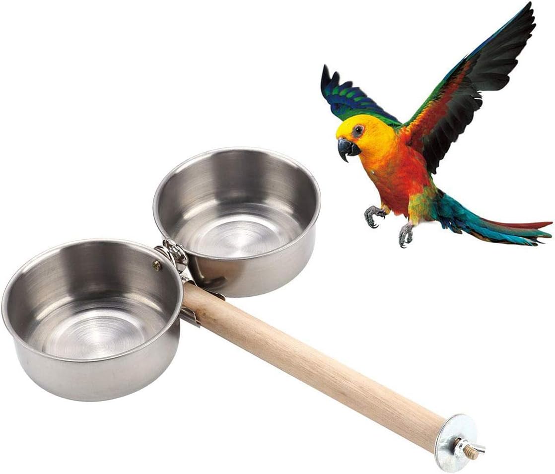 Bird Perch with Feeder CupsBowls Stainless Steel Odorless with Holder Hanger for Outside Durable Water Food Dispenser for Parakeet Cockatiel Conure African Grey Macaw Cage Accessories (B-20CM)