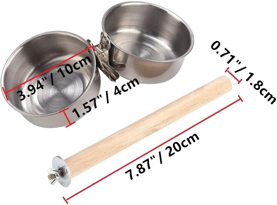Bird Perch with Feeder CupsBowls Stainless Steel Odorless with Holder Hanger for Outside Durable Water Food Dispenser for Parakeet Cockatiel Conure African Grey Macaw Cage Accessories (B-20CM)