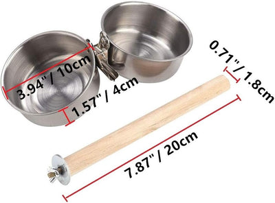 Bird Perch with Feeder CupsBowls Stainless Steel Odorless with Holder Hanger for Outside Durable Water Food Dispenser for Parakeet Cockatiel Conure African Grey Macaw Cage Accessories (B-20CM)