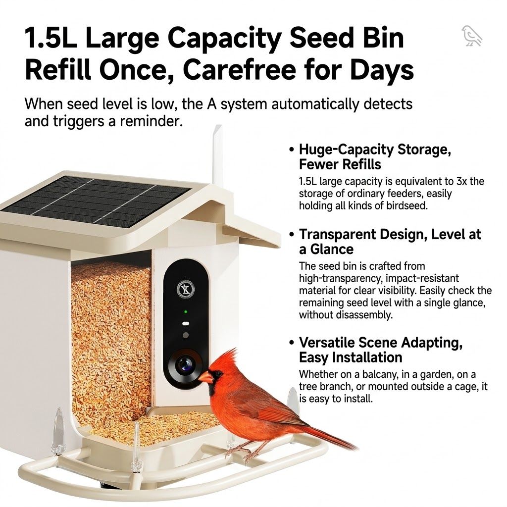 Smart Bird Feeder with 2K-4K Ultra HD AI Bird Recognition, Solar-Powered Outdoor Camera Feeder for Garden, Balcony, or Tree Mounting, Ideal for Bird Watching Enthusiasts and Backyard Wildlife Lovers (1080P, Green)