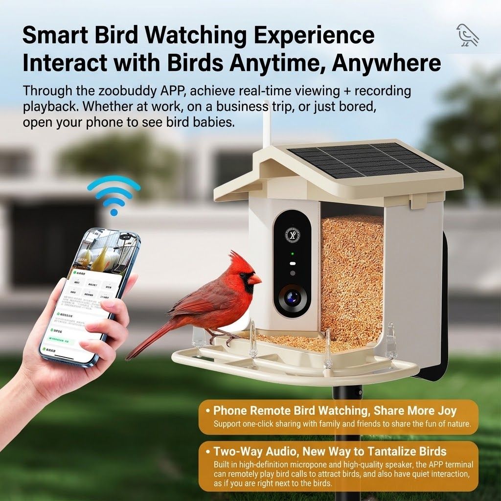 Smart Bird Feeder with 2K-4K Ultra HD AI Bird Recognition, Solar-Powered Outdoor Camera Feeder for Garden, Balcony, or Tree Mounting, Ideal for Bird Watching Enthusiasts and Backyard Wildlife Lovers (1080P, Khaki)