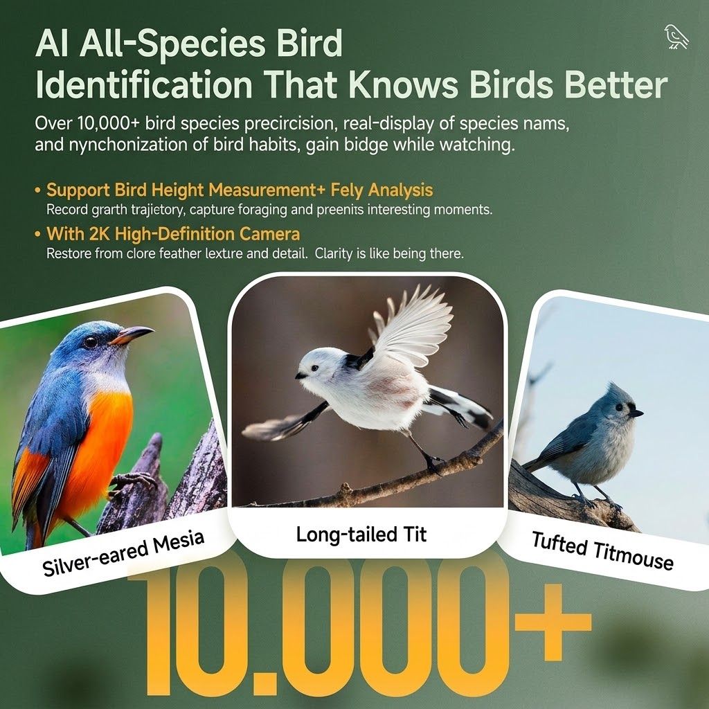 Smart Bird Feeder with 2K-4K Ultra HD AI Bird Recognition, Solar-Powered Outdoor Camera Feeder for Garden, Balcony, or Tree Mounting, Ideal for Bird Watching Enthusiasts and Backyard Wildlife Lovers (2.5K, Green)