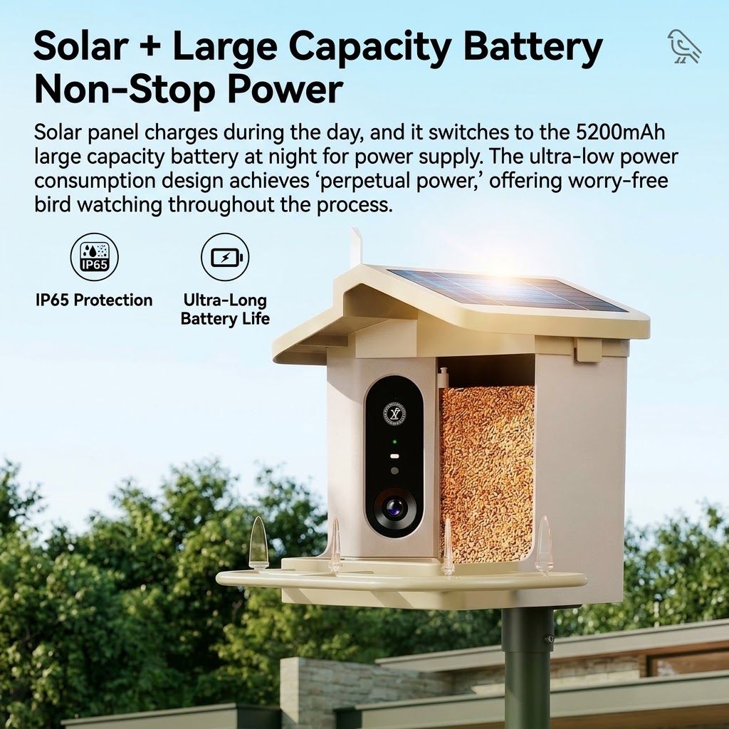 Smart Bird Feeder with 2K-4K Ultra HD AI Bird Recognition, Solar-Powered Outdoor Camera Feeder for Garden, Balcony, or Tree Mounting, Ideal for Bird Watching Enthusiasts and Backyard Wildlife Lovers (2K, Green)