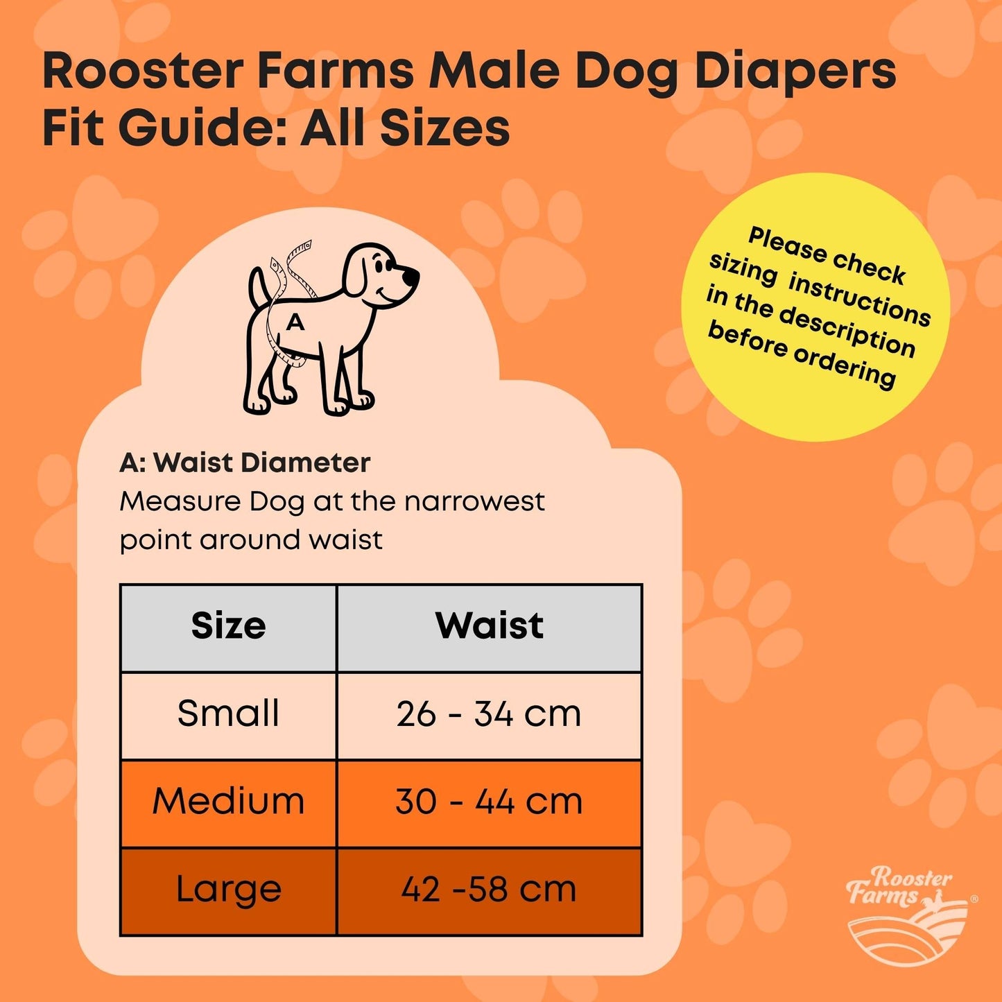 Rooster Farms Male Dog Diapers Medium 3Pk - Washable Reusable Nappies Hook/Loop