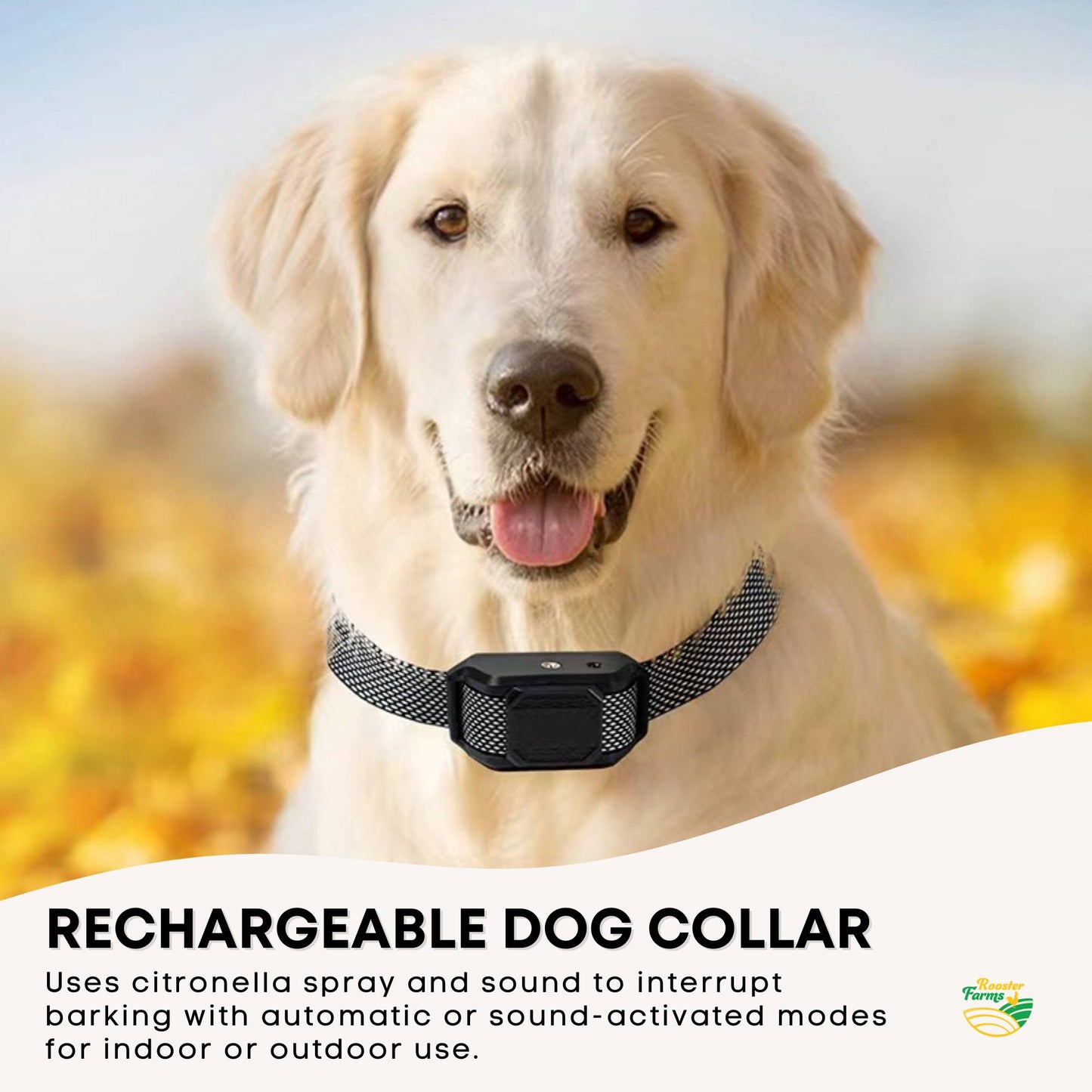Rooster Farms Dog Bark Training Collar Citronella + Sound Rechargeable Automatic