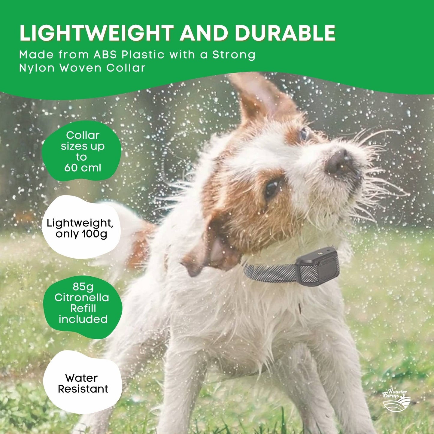 Rooster Farms Dog Bark Training Collar Citronella + Sound Rechargeable Automatic