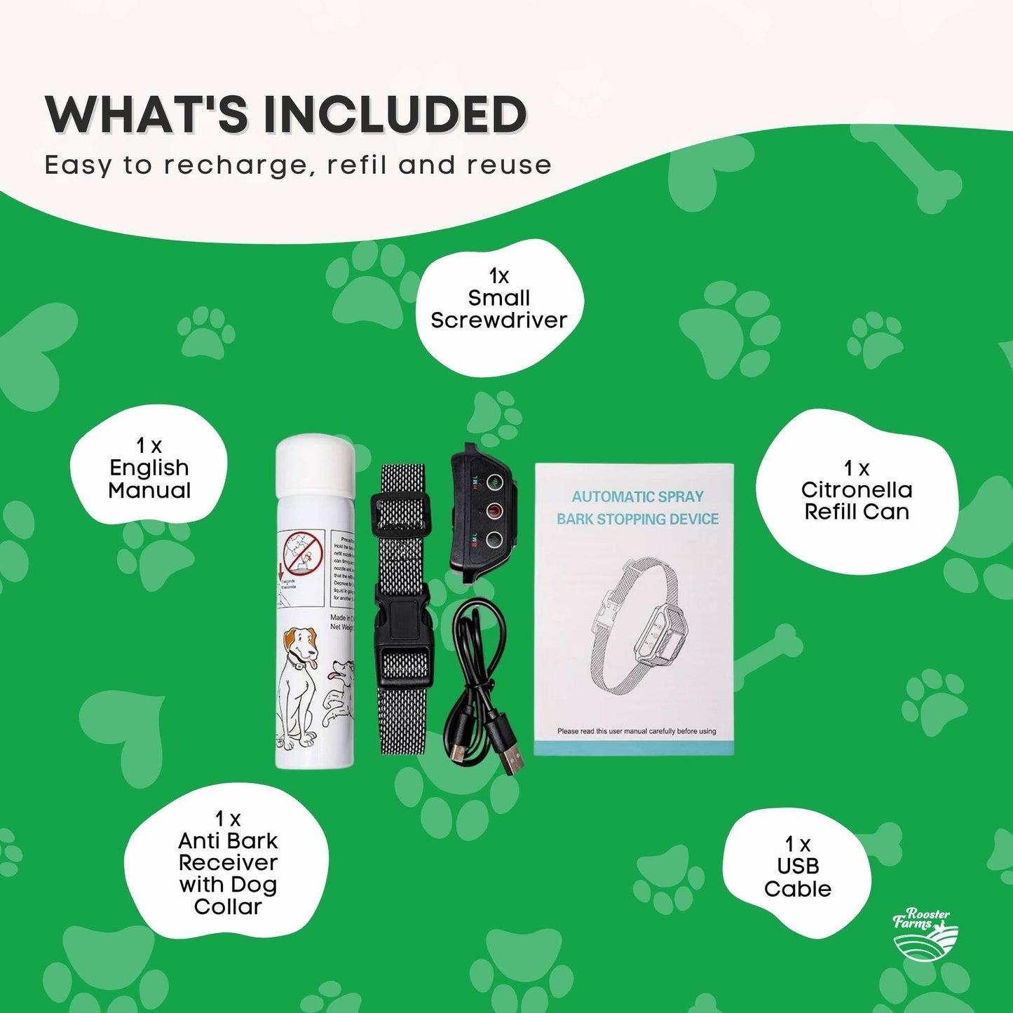 Rooster Farms Dog Bark Training Collar Citronella + Sound Rechargeable Automatic