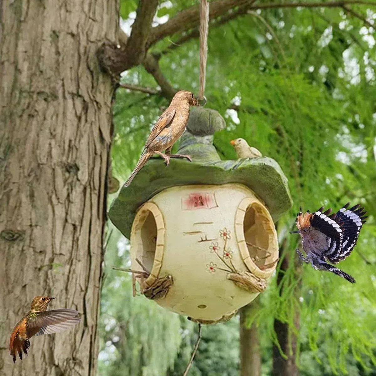 Cartoon Hanging Birdhouse Cozy Nest Resin Garden Outdoor Tree Patio Decor
