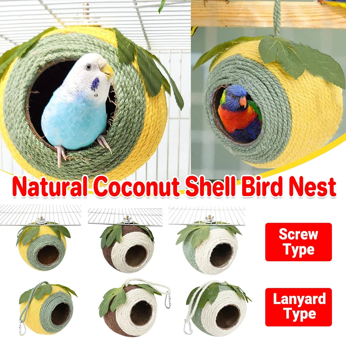 Bird Nest Parrot Nest Coconut Shell Braided Twine Colourful Cage Hanging Bed - Green-Yellow-Screw Model