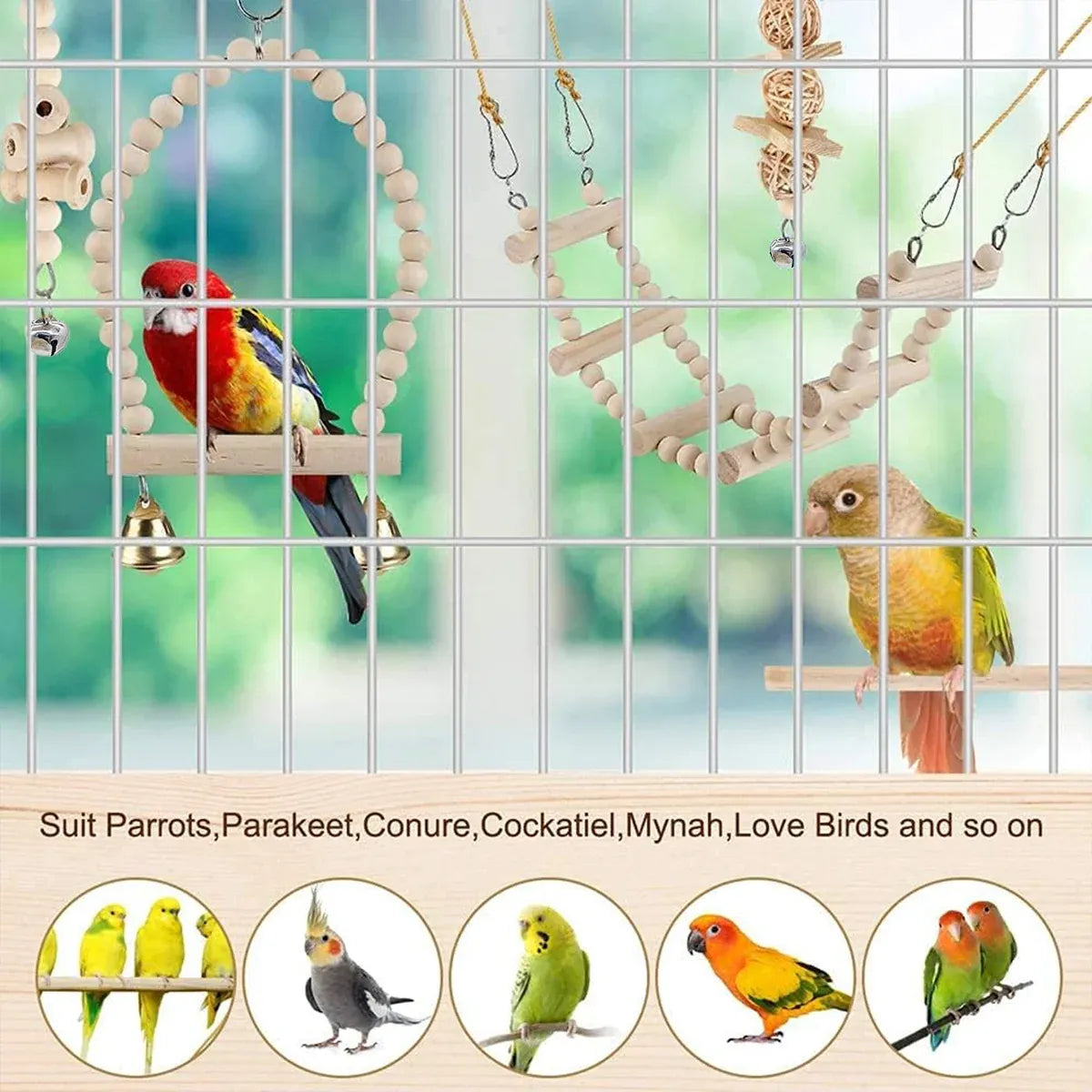 Bird Chew Toys Wooden Color 9-Piece Set Swing Hanging Bridge for Parrots AUS