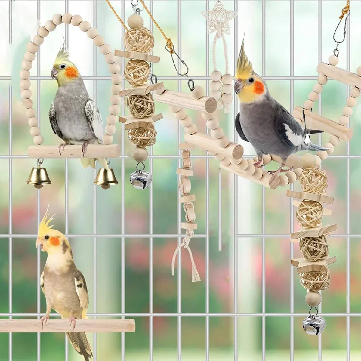 Bird Chew Toys Wooden Color 9-Piece Set Swing Hanging Bridge for Parrots AUS