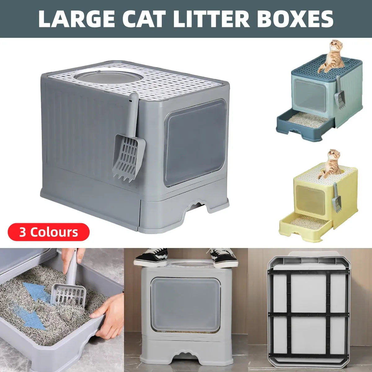 Large Fully Enclosed Cat Litter Box Cat Toilet Pet Litter Tray Odor Control - Grey