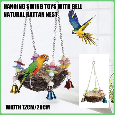 Bird Parrot Swing Stand Rattan Nest Hanging Basket Chew Toy for Small Medium Pet - L-20cm
