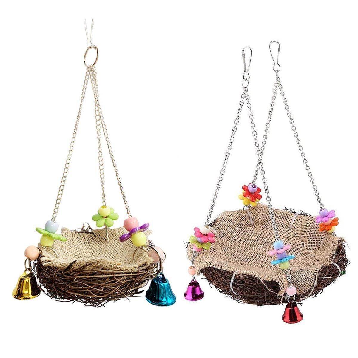Bird Parrot Swing Stand Rattan Nest Hanging Basket Chew Toy for Small Medium Pet - L-20cm
