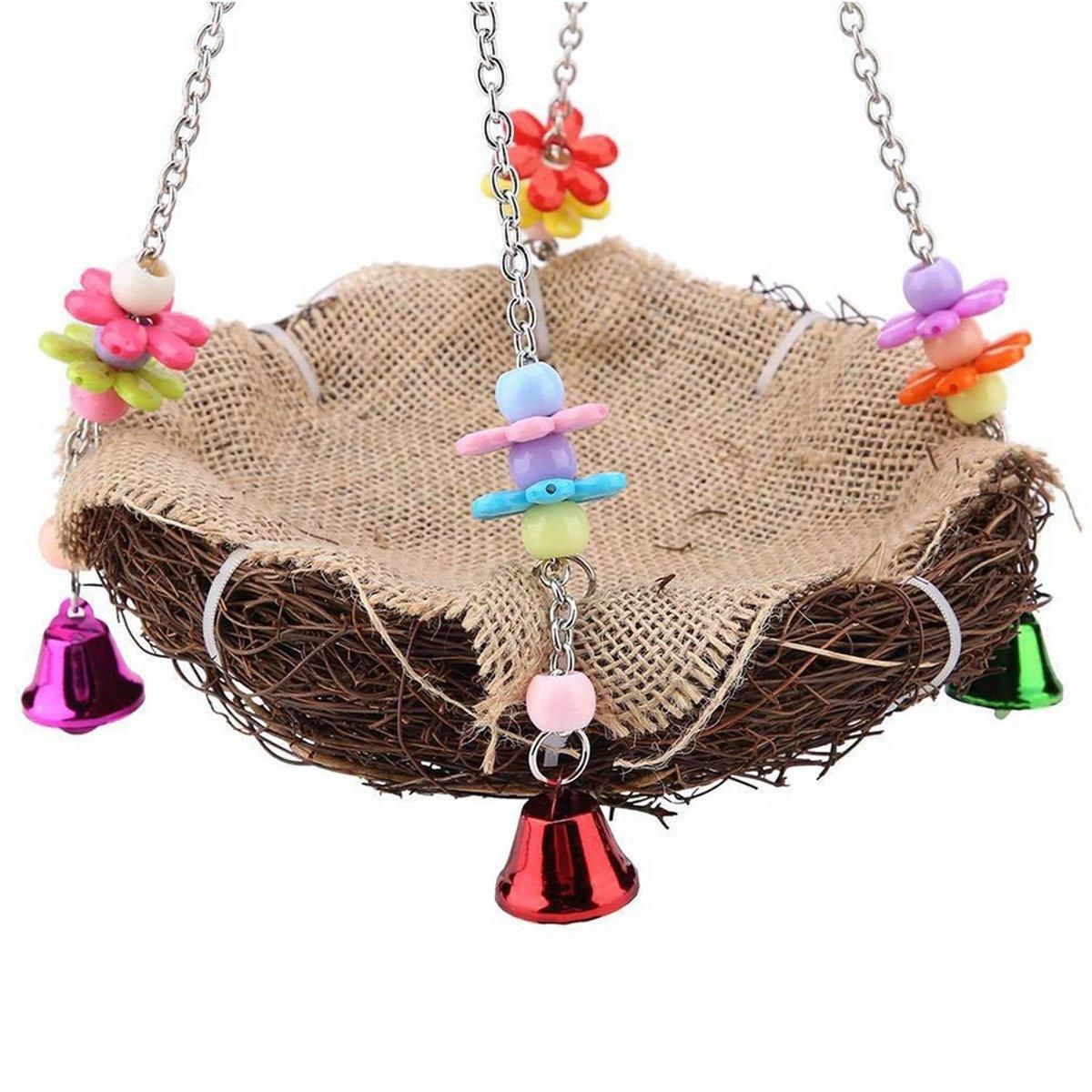 Bird Parrot Swing Stand Rattan Nest Hanging Basket Chew Toy for Small Medium Pet - L-20cm
