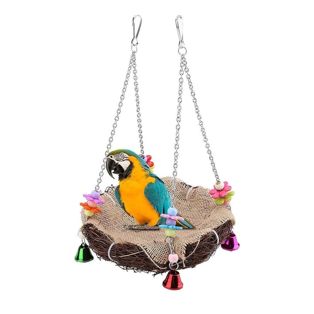 Bird Parrot Swing Stand Rattan Nest Hanging Basket Chew Toy for Small Medium Pet - L-20cm