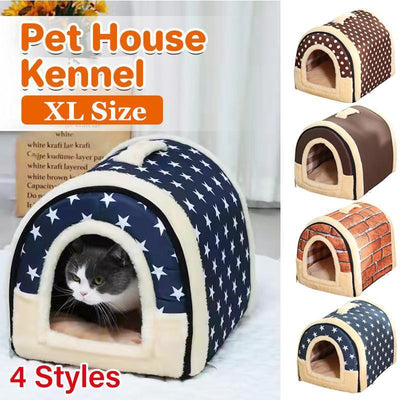 XL Size Pet House Kennel Soft Igloo Beds Cave Cat Puppy Bed Warm Cushion Fold - Brown Dots