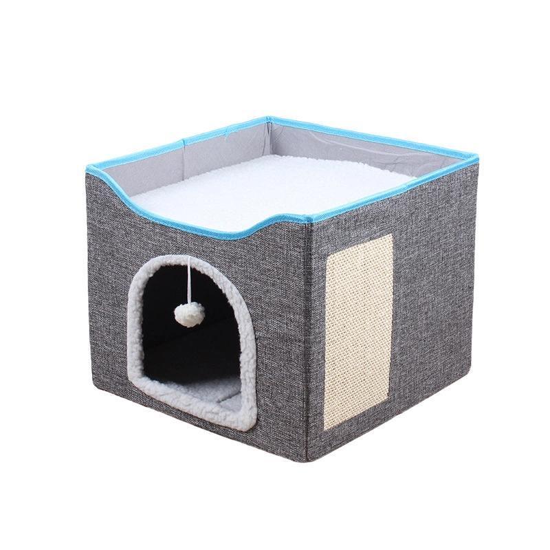 Foldable Pet Cat Calming Bed Hideaway Interactive House Nest Scratching Board - Dark Grey