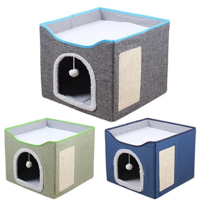 Foldable Pet Cat Calming Bed Hideaway Interactive House Nest Scratching Board - Navy
