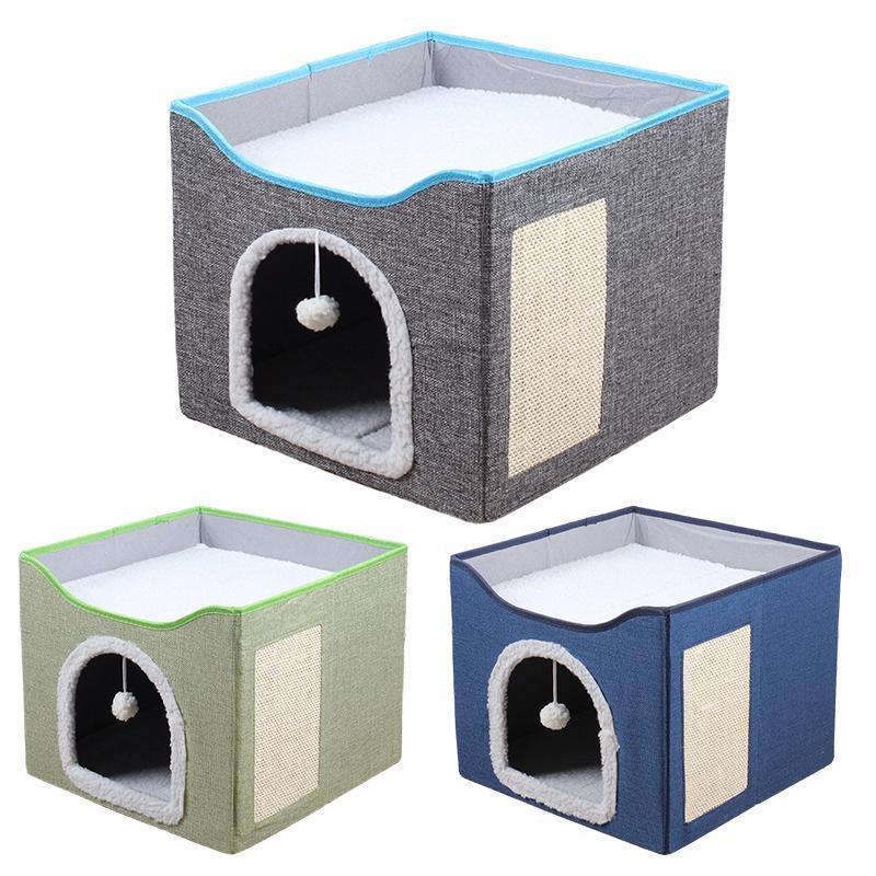 Foldable Pet Cat Calming Bed Hideaway Interactive House Nest Scratching Board - Light Green