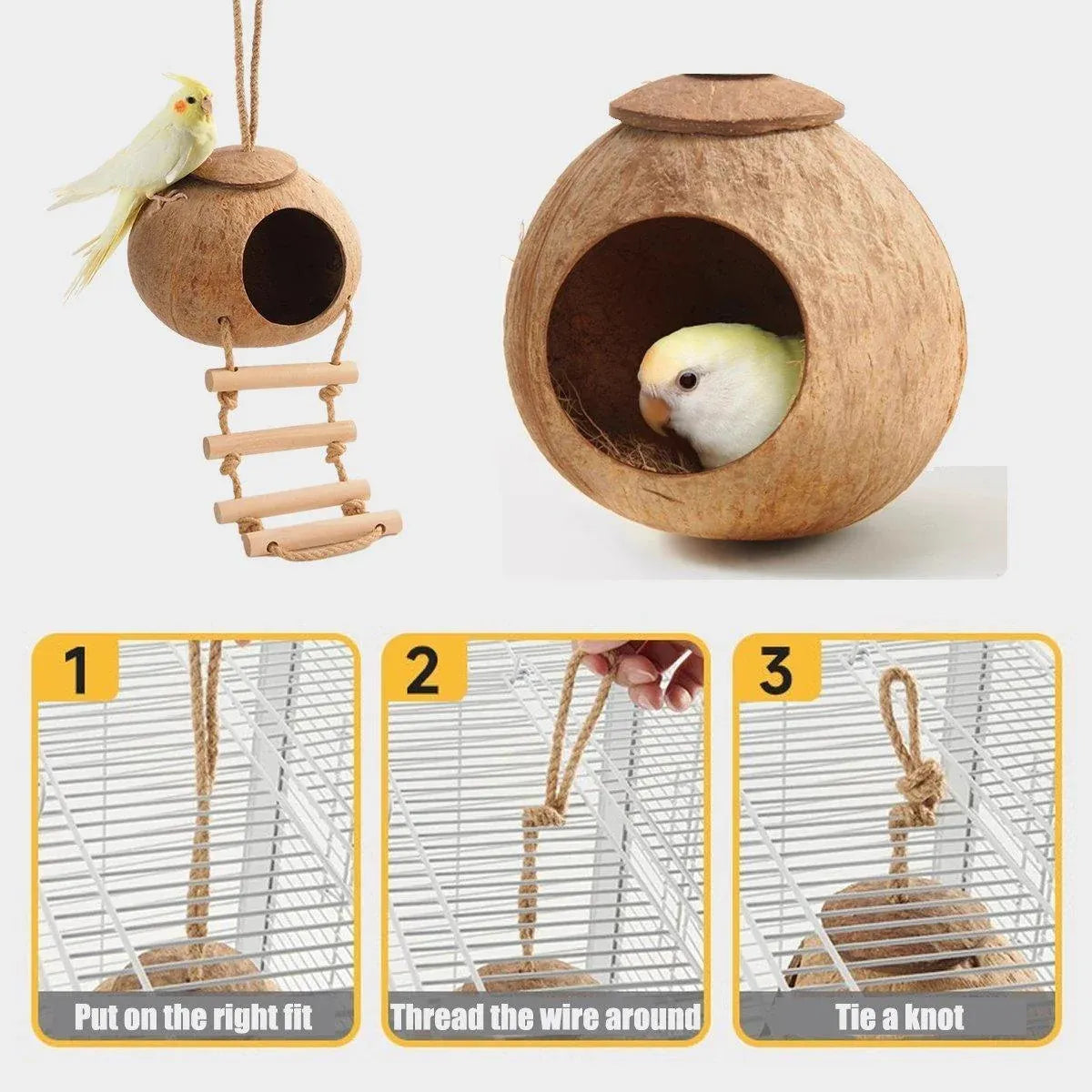 Natural Coconut Bird Nest Cage Pet Parrot Parakeet Safe Hut Feeder Shell Home - Rope type