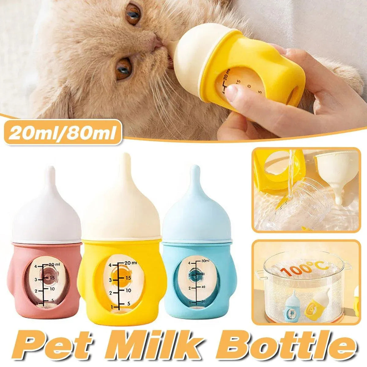 Silicone Pet Milk Feeding Bottle with Scale for Small Puppies and Kittens 20ml 80ml - 80ml-Pink