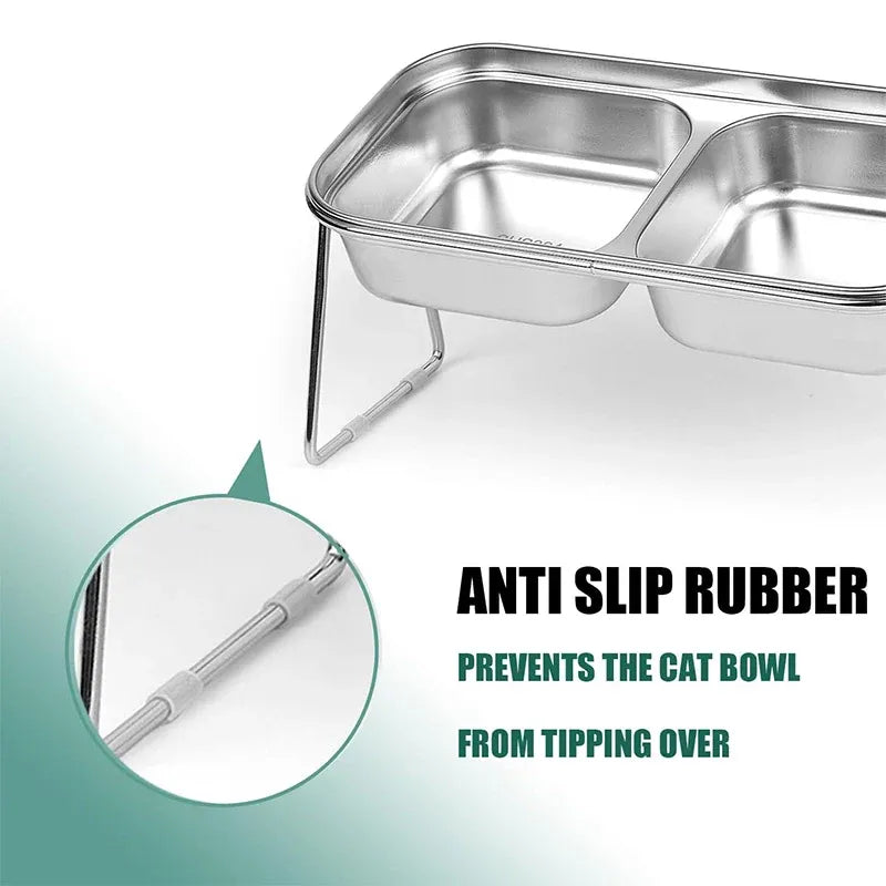 Cat Food Bowl Set Double Tilted Stainless Steel Pet Feeding Bowl Non Slip Stand