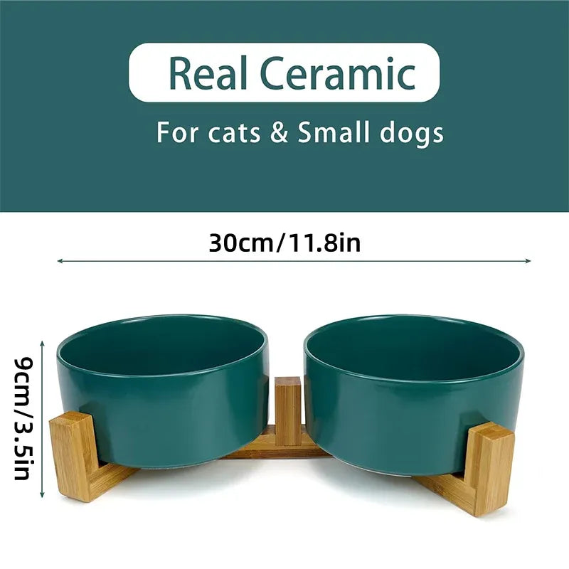 Ceramic Pet Bowl Double Cat Food Bowl Dog Water Bowl Feeding Drinking Bowl Set - Black