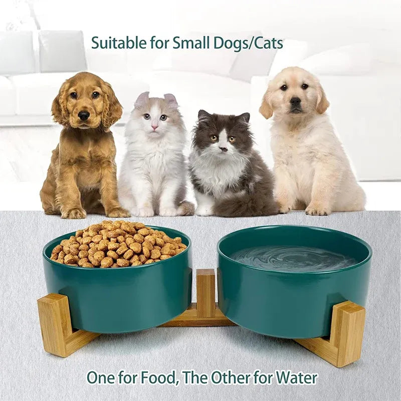 Ceramic Pet Bowl Double Cat Food Bowl Dog Water Bowl Feeding Drinking Bowl Set - Black