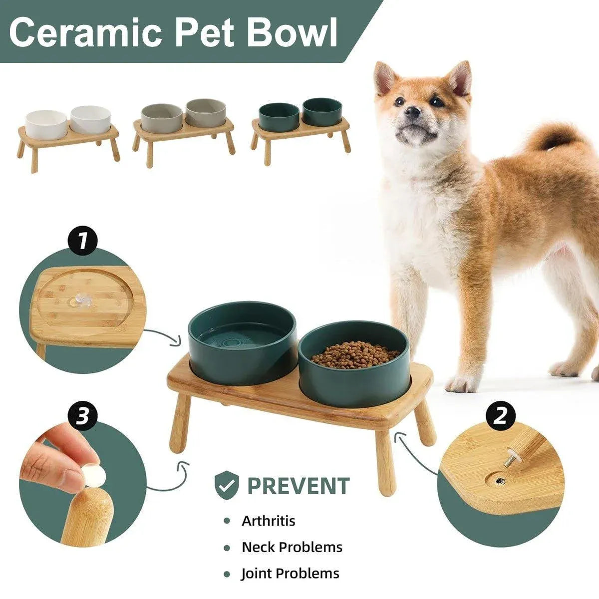 Ceramic Elevated Dog Bowl Anti-Slip Double Bowl for Small Medium Large Dogs - Grey