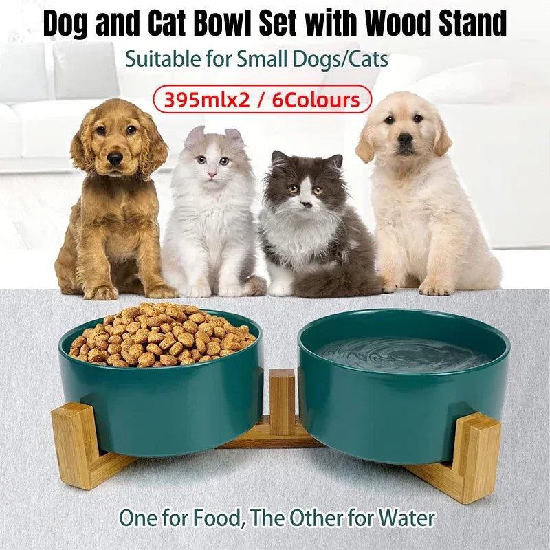 Ceramic Pet Bowl Double Cat Food Bowl Dog Water Bowl Feeding Drinking Bowl Set - Pink