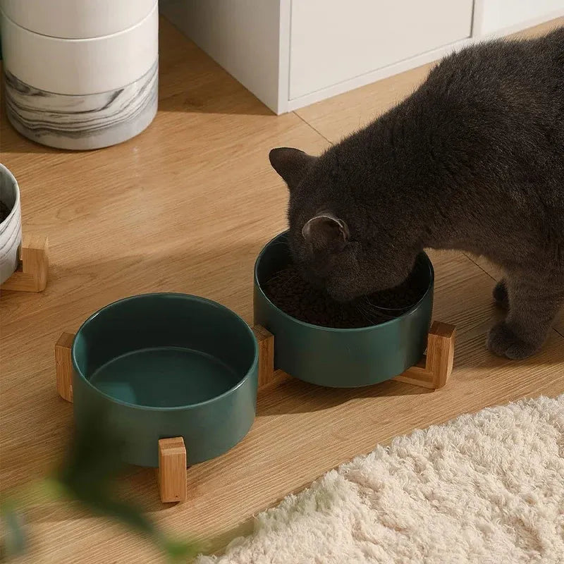 Ceramic Pet Bowl Double Cat Food Bowl Dog Water Bowl Feeding Drinking Bowl Set - Pink