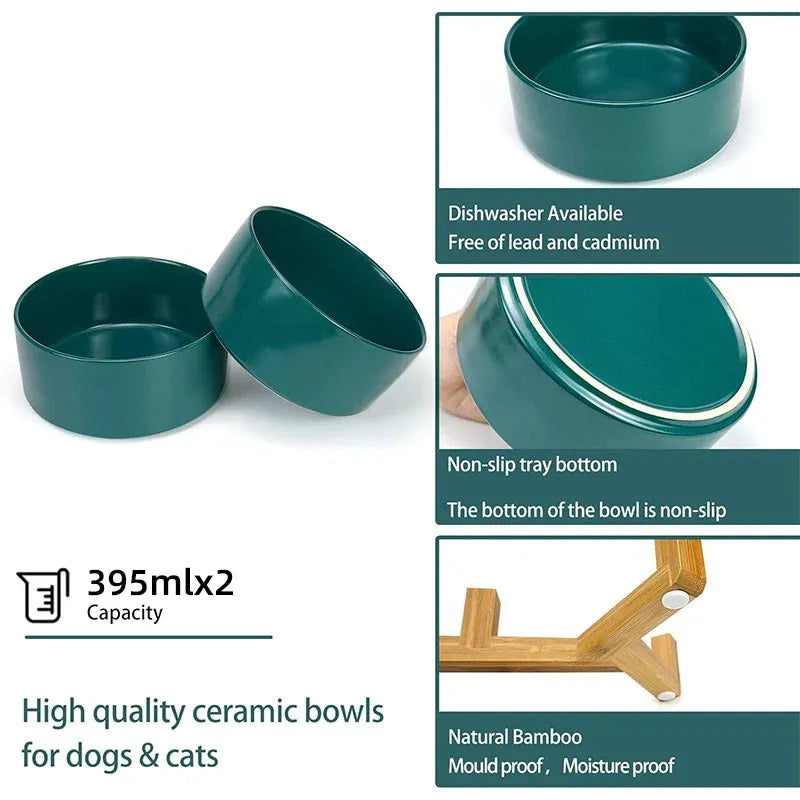 Ceramic Pet Bowl Double Cat Food Bowl Dog Water Bowl Feeding Drinking Bowl Set - Pink