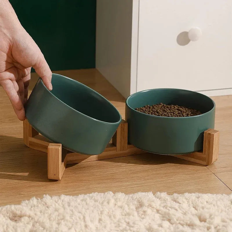 Ceramic Pet Bowl Double Cat Food Bowl Dog Water Bowl Feeding Drinking Bowl Set - Pink