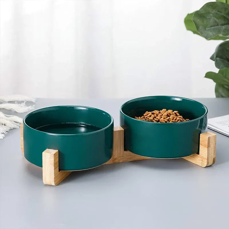 Ceramic Pet Bowl Double Cat Food Bowl Dog Water Bowl Feeding Drinking Bowl Set - Pink