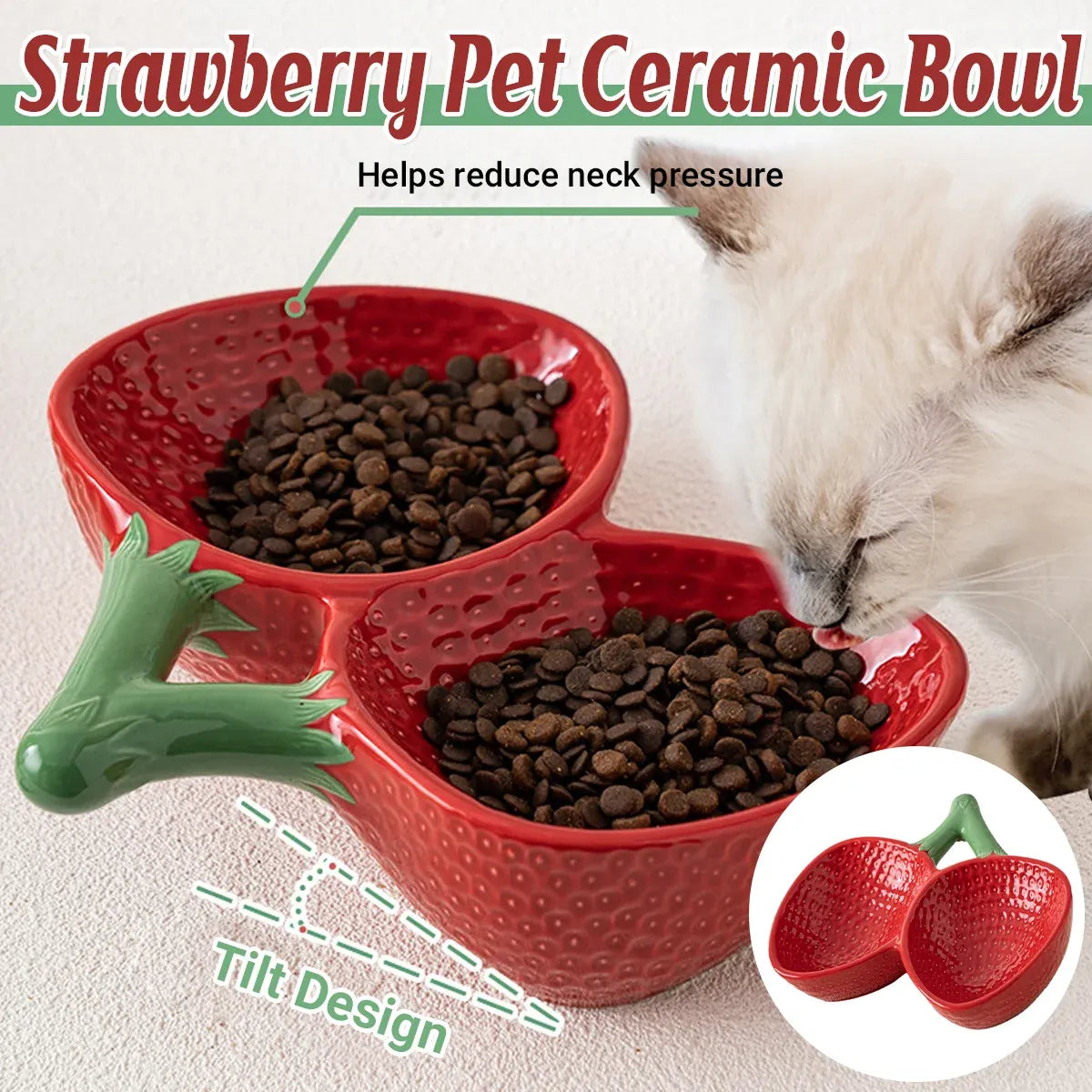 Strawberry Ceramic Tilted Pet Bowl Set Cat Dog Double Elevated Non Slip Feeding