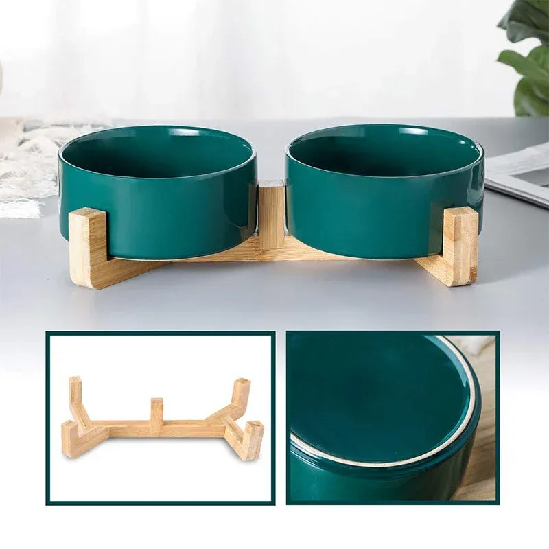 Ceramic Pet Bowl Double Cat Food Bowl Dog Water Bowl Feeding Drinking Bowl Set - White