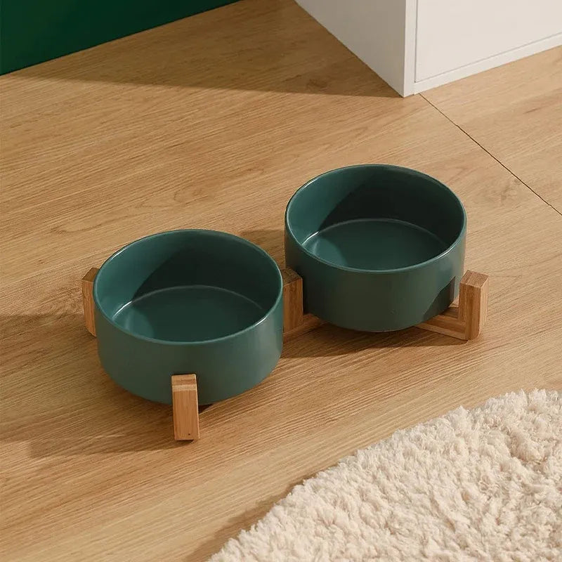 Ceramic Pet Bowl Double Cat Food Bowl Dog Water Bowl Feeding Drinking Bowl Set - White