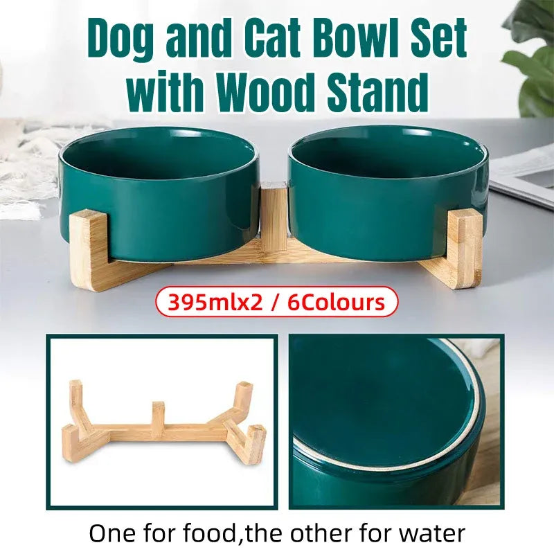 Ceramic Pet Bowl Double Cat Food Bowl Dog Water Bowl Feeding Drinking Bowl Set - Yellow