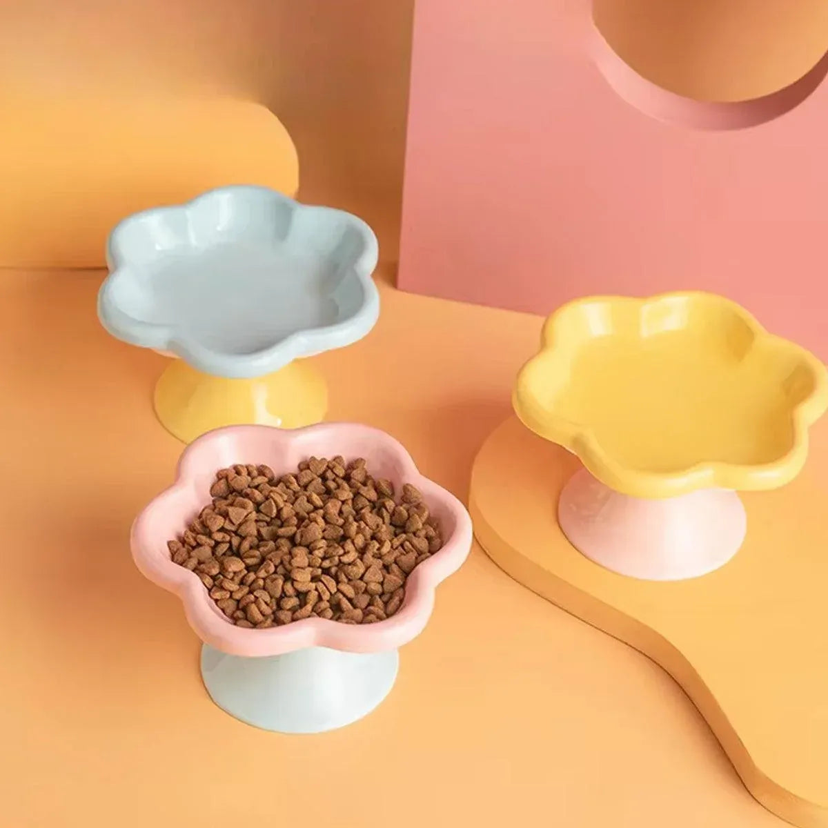 Flower Ceramic Cat Bowl Pet Food Bowl Snack Tray for Cats and Small Pets Feeding - Yellow
