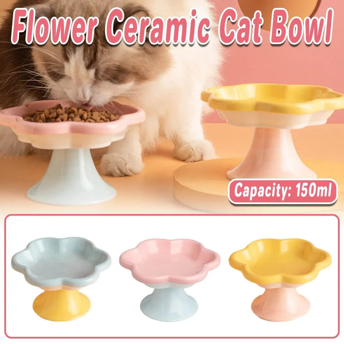 Flower Ceramic Cat Bowl Pet Food Bowl Snack Tray for Cats and Small Pets Feeding - Yellow