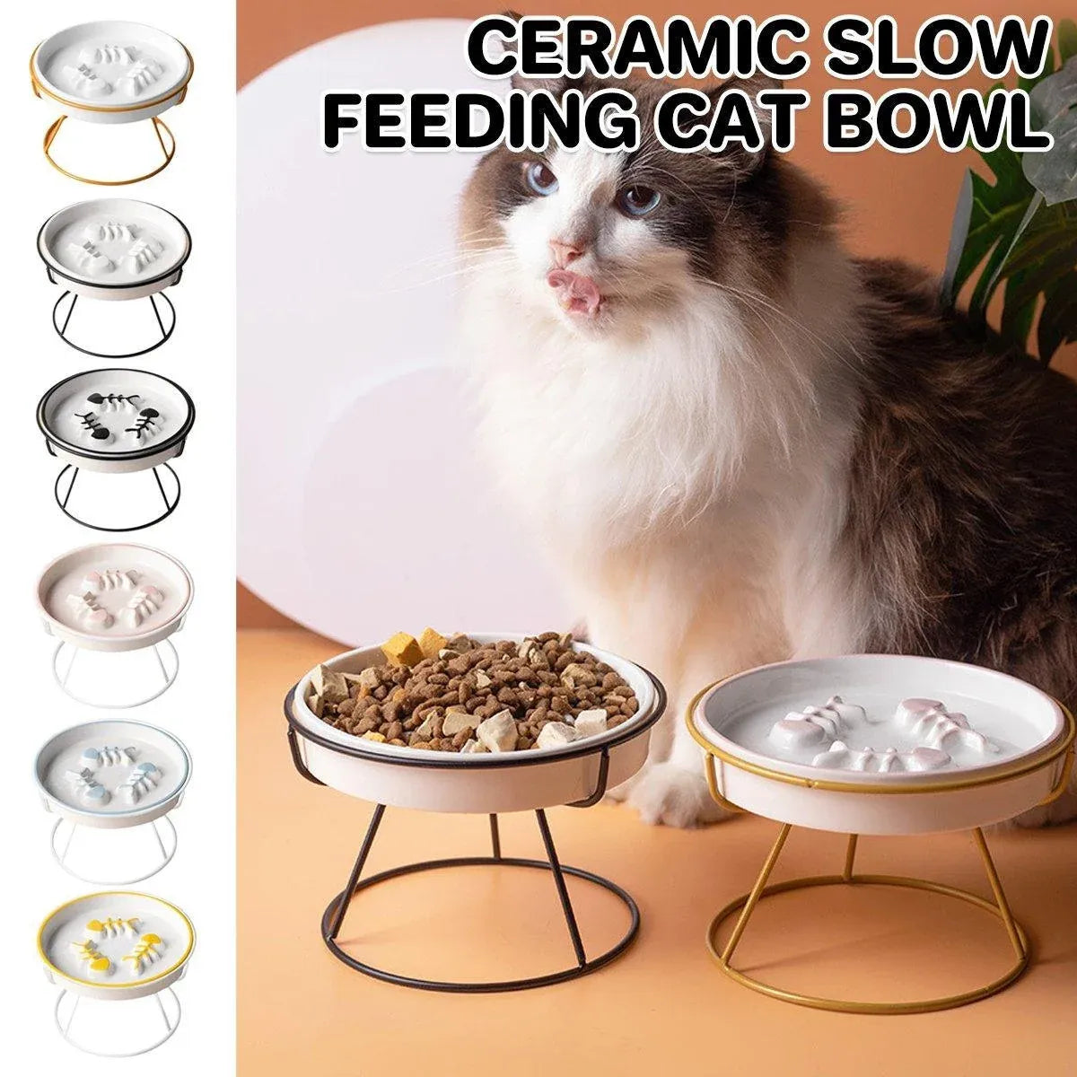 Ceramic Cat Bowl Slow Feeder Pet Food Tray for Cats and Dogs Non Slip Design - Yellow Bowl-White Tray Rack