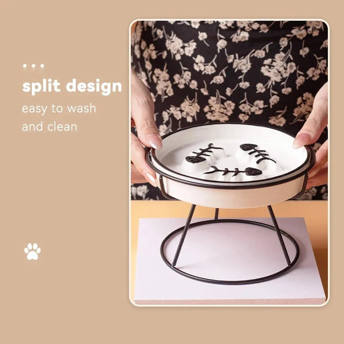 Ceramic Cat Bowl Slow Feeder Pet Food Tray for Cats and Dogs Non Slip Design - Yellow Bowl-White Tray Rack
